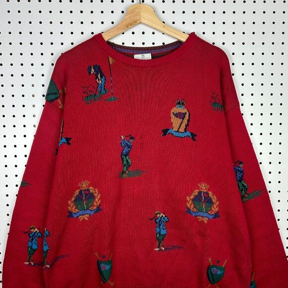Neiman Marcus Other - Neiman Marcus Vintage Golf Knit Sweater Large Red‎ All Over Print Grandpa 90s